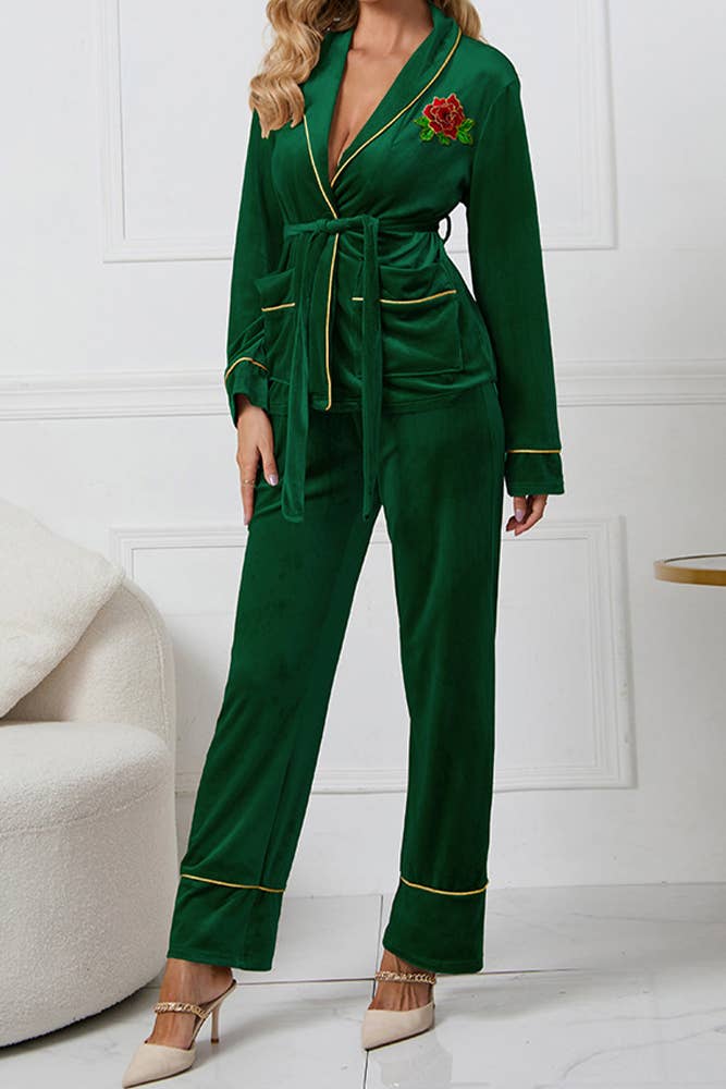 UNISHE - Vente Haut et bas de pyjama – femme - Ensemble de pyjama en velours brodé rose HYG0416