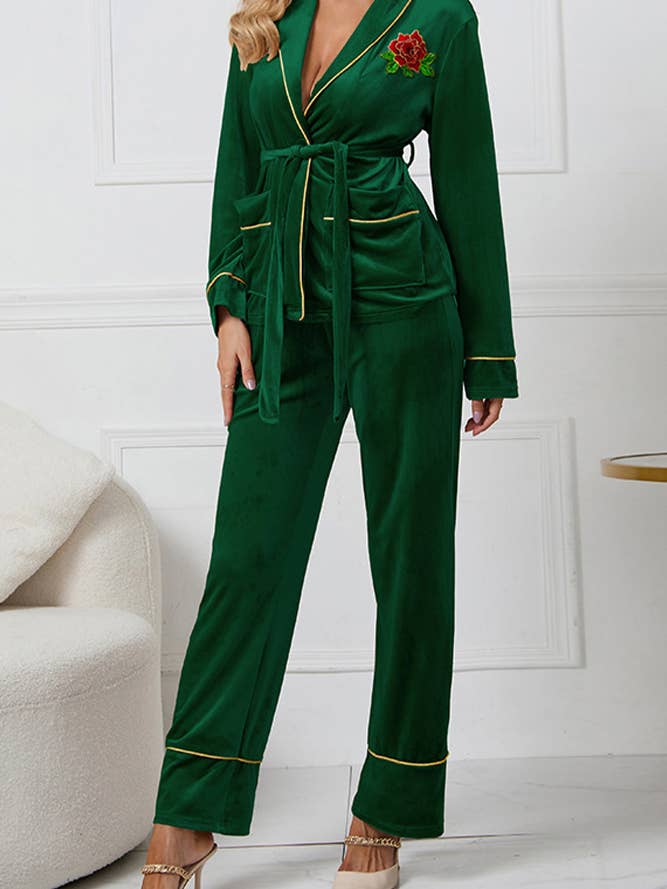 UNISHE - Vente Haut et bas de pyjama – femme - Ensemble de pyjama en velours brodé rose HYG0416