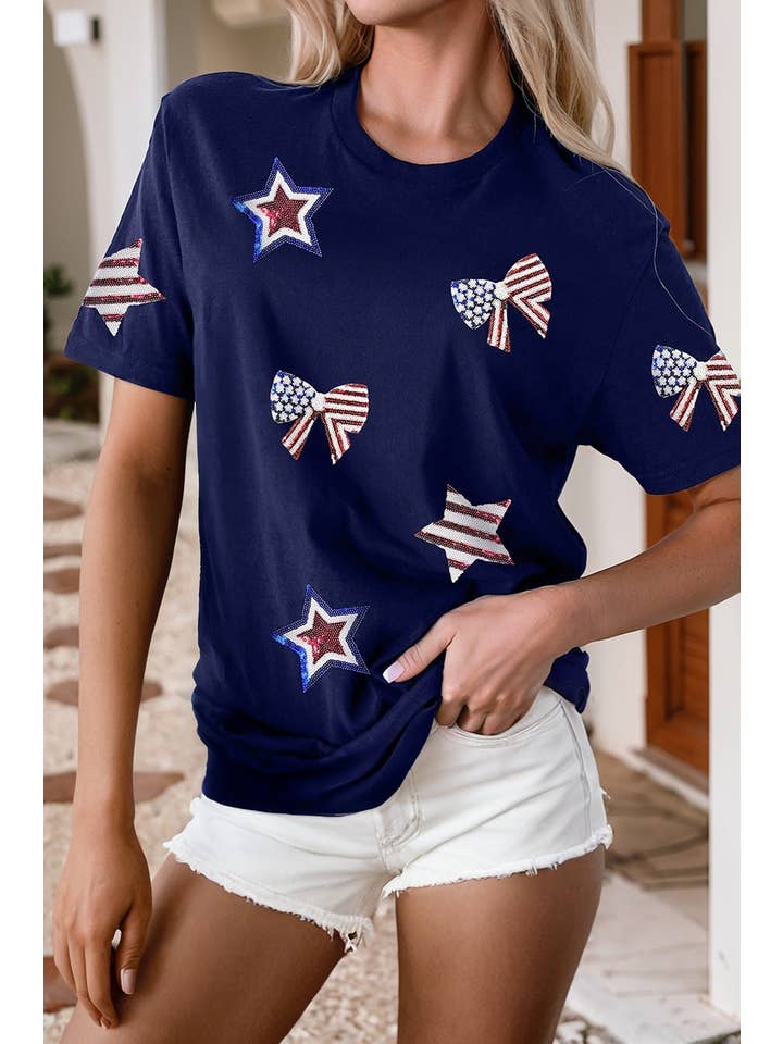 Blue LDC Sequin USA Flag Bow Star Graphic Crewneck T Shirt for wholesale on Faire