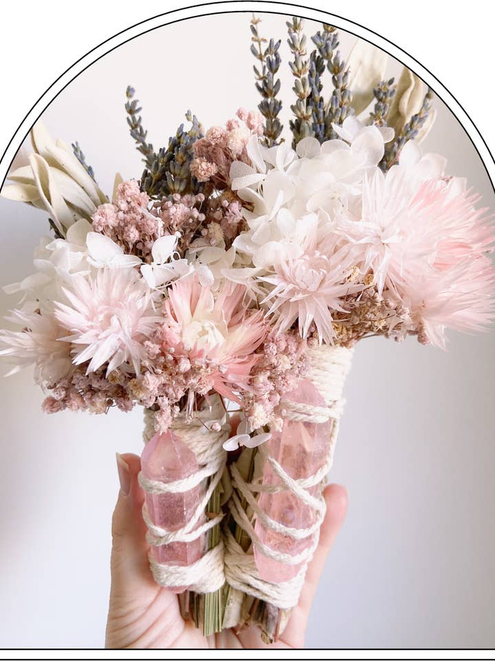 Dried Flower Wand with Rose Aura Crystal for wholesale by Bohokind