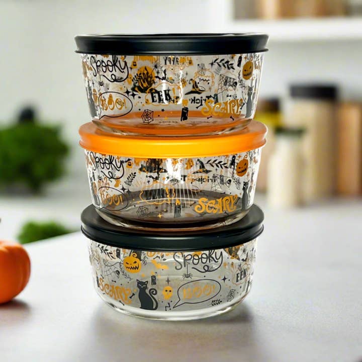 Dura Living Halloween Glass Storage Containers with Lids, 2 Cup Set Set of 6 (3 Containers + 3 Lids) for wholesale by Dura Living LLC