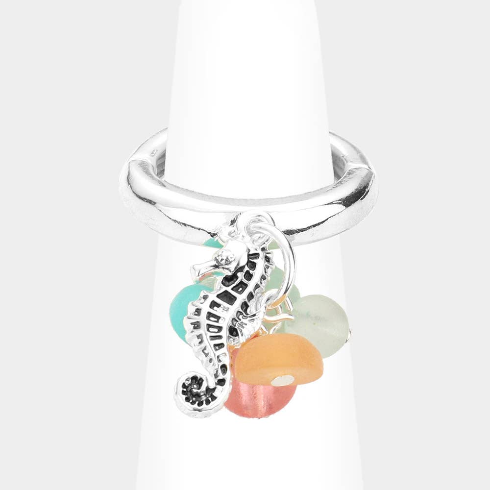 Sensibling Corp. - Wholesale Cocktail/Statement Ring - Sea Glass Metal Seahorse Dangle Stretch Ring1
