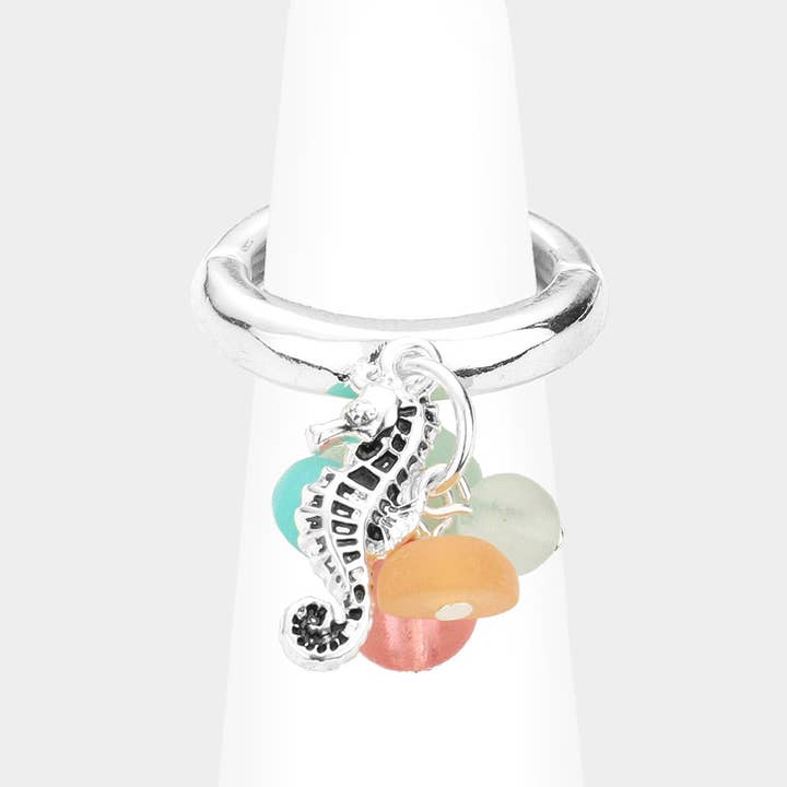Sensibling Corp. - Wholesale Cocktail/Statement Ring - Sea Glass Metal Seahorse Dangle Stretch Ring1