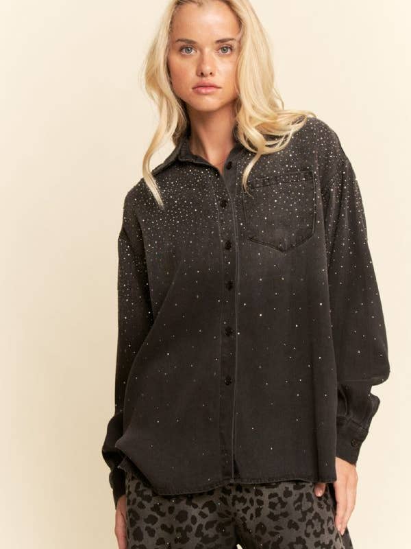 Davi & Dani - Wholesale Shirt – Women’s - OVERSIZED RHINESTONE CHEST POCKET DENIM SHIRT2