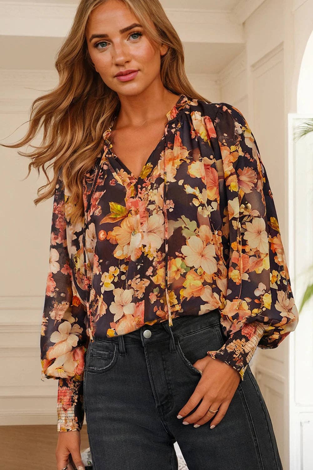 Black Floral V Neck Long Puff Sleeve Breezy Blouse for wholesale on Faire2