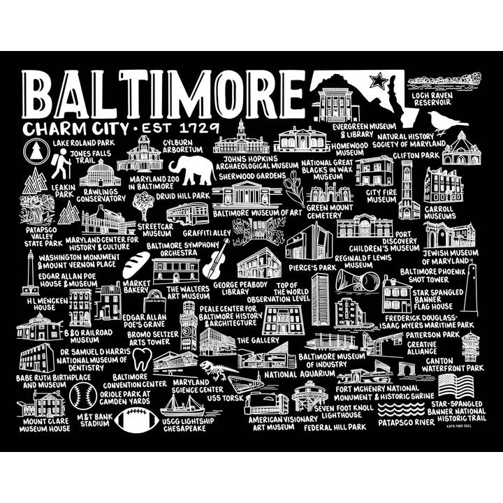 Baltimore Map Print Noir pour la vente par Whereabouts Shop