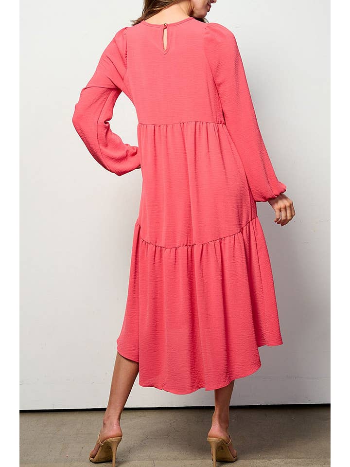 ROUSSEAU - Wholesale Dress - Women's - LONG SLEEVE TIERED HIGH-LOW MIDI DRESS