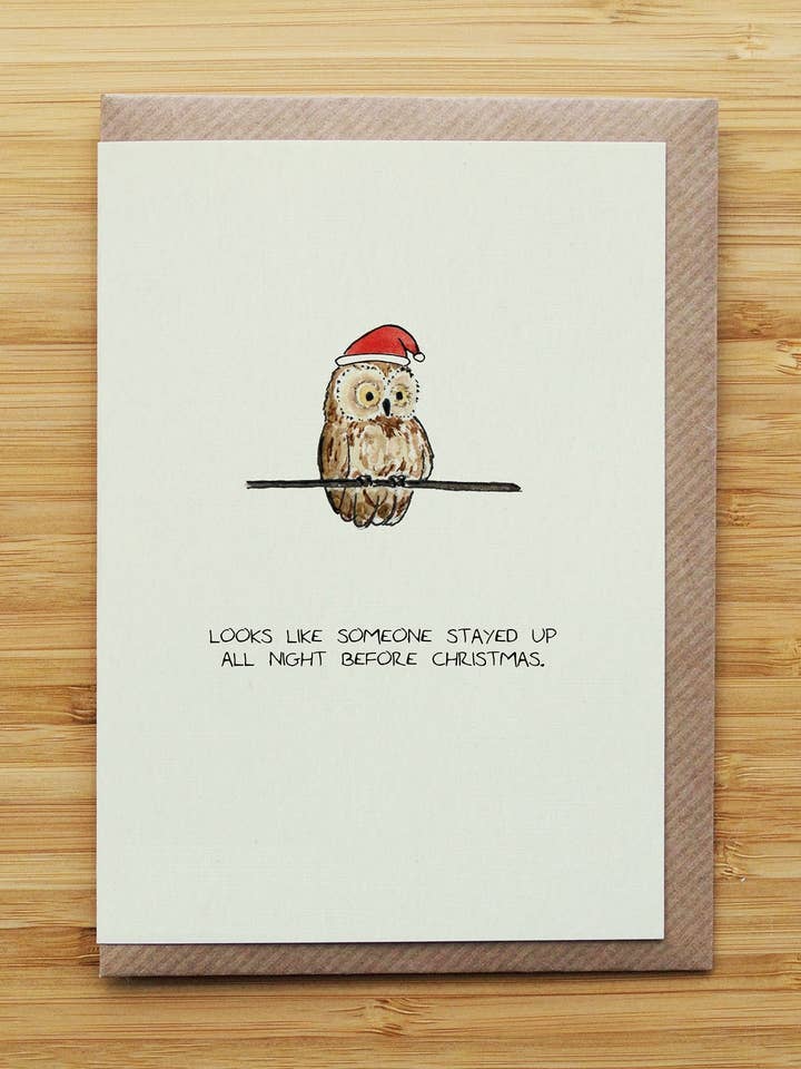 Owl Christmas Card - Santa Hat - Too Excited - Recycled Card for wholesale by RossJDesigns