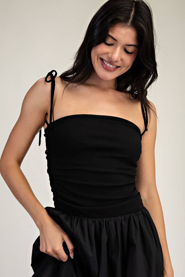 Nera Td6041 Abito Mini con Orlo a Bolla in Maglia e Tessuto con Spalline Annodate in vendita all'ingrosso su Faire