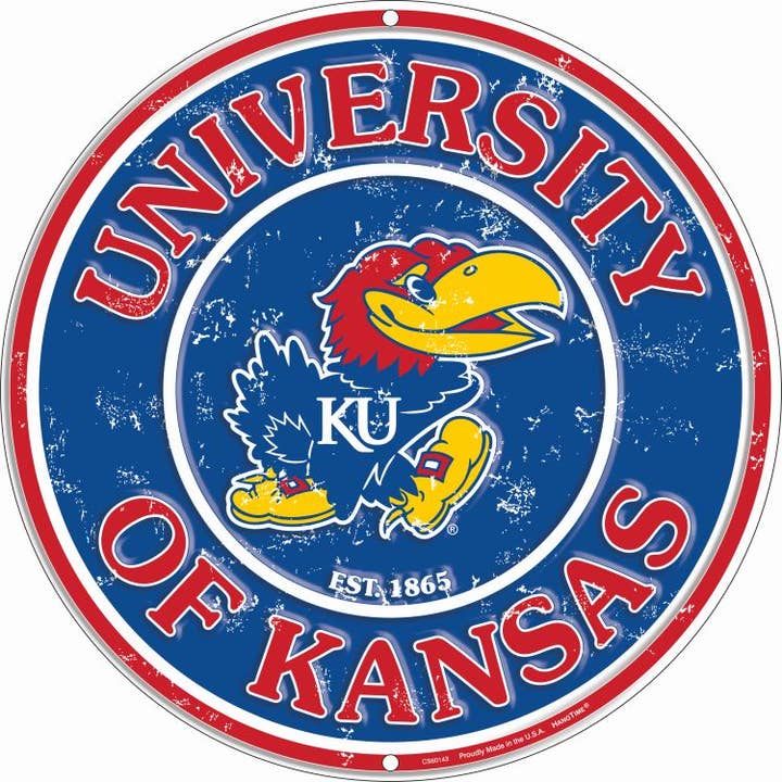 Pancartes rondes Kansas U Jayhawks de 12 po pour la vente par Signs 4 Fun