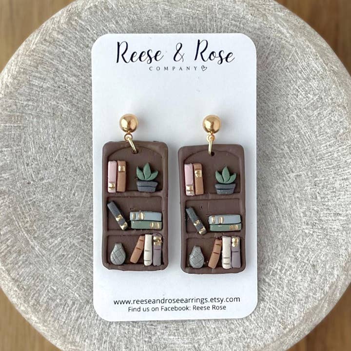 Custom Polymer Clay Bookshelf Book Worm Earrings for wholesale by Reese & Rose Co.