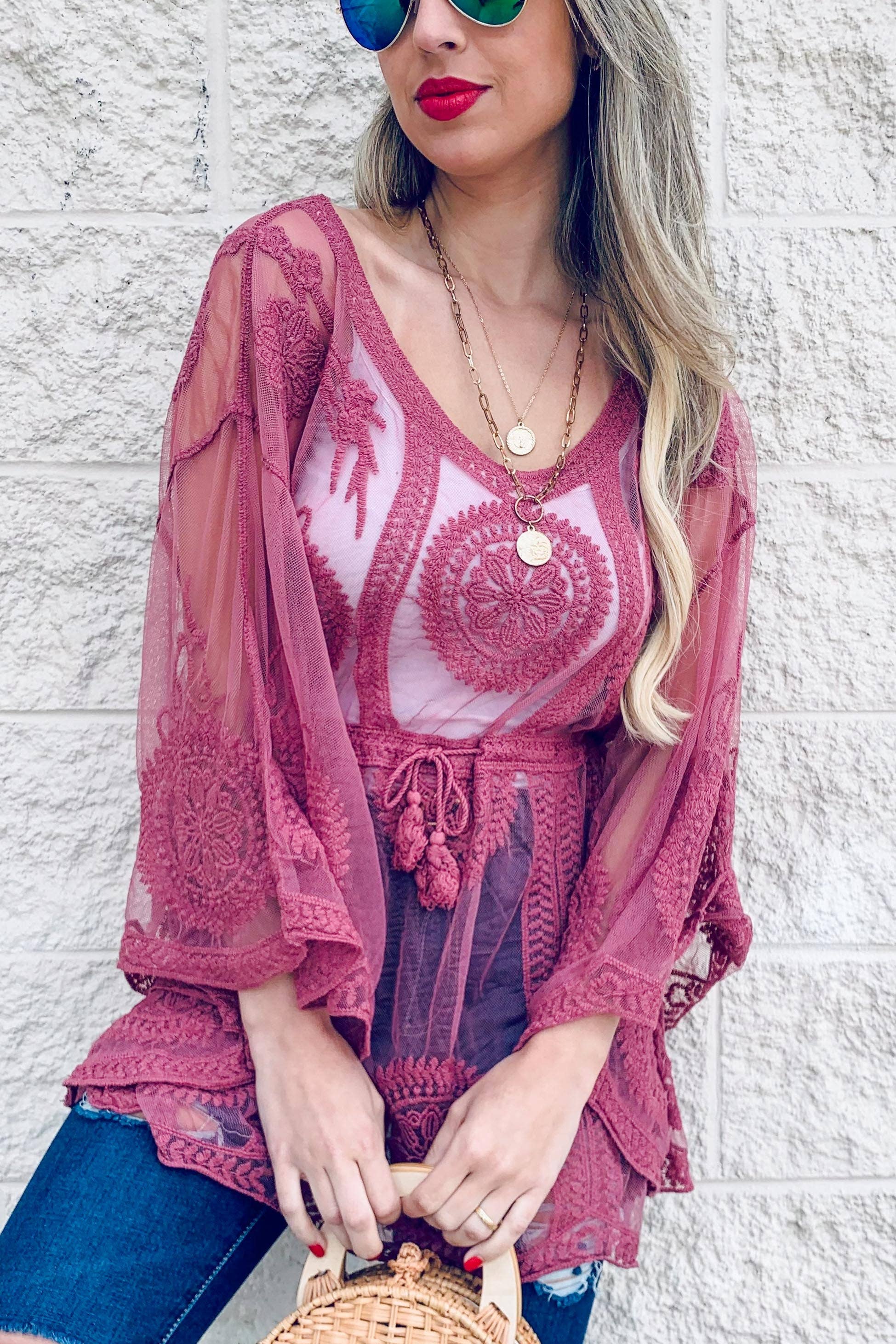 Malva Top trasparente floreale classico color malva con poncho con cintura a nappine in vendita all'ingrosso su Faire2