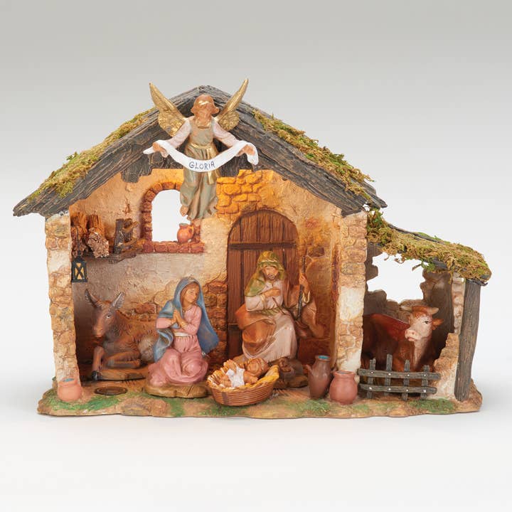Étable éclairée de la Nativité avec 6 figurines Fontanini – Échelle 5" pour la vente par Roman