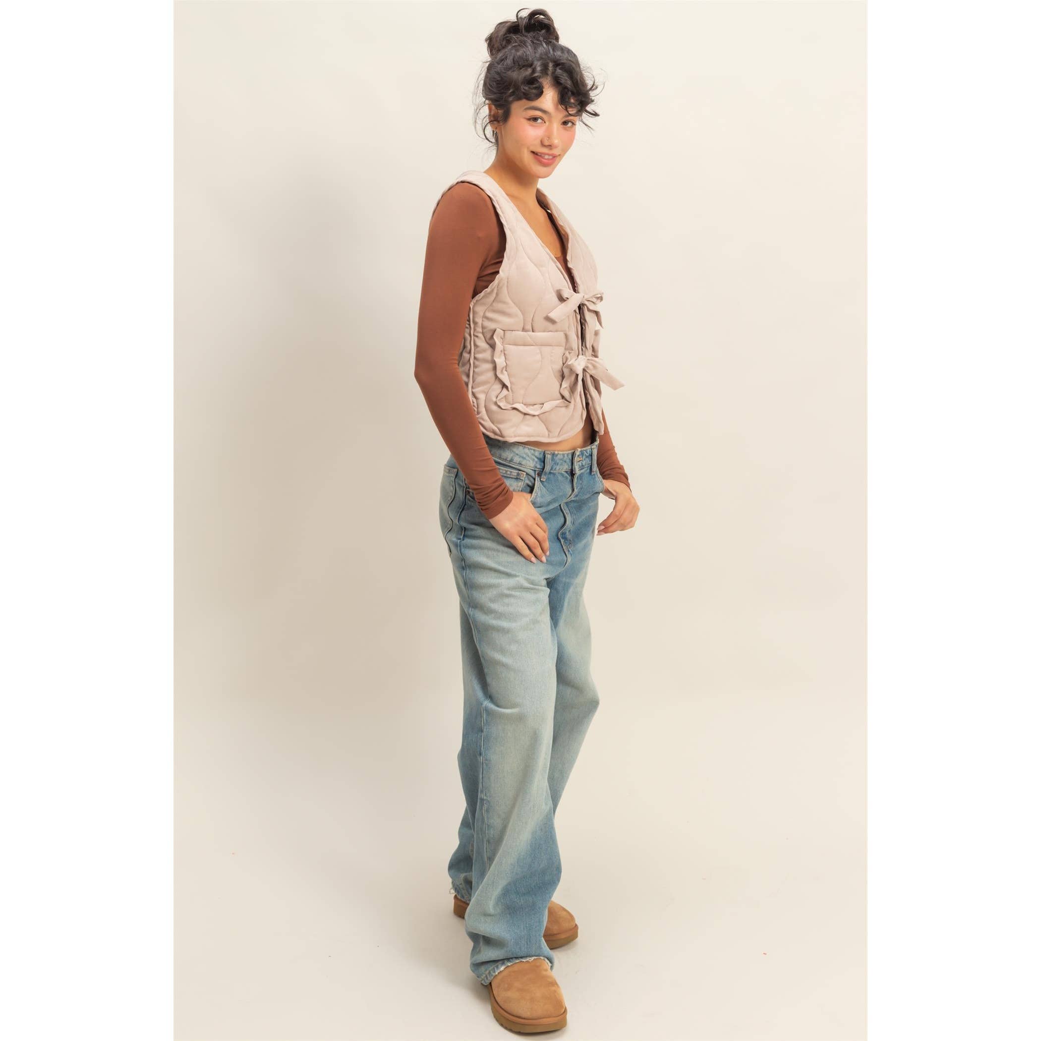 Double Zero - Wholesale Outerwear Vest - Women's - Quilted Vest With Tie-Front And Patch Pockets2