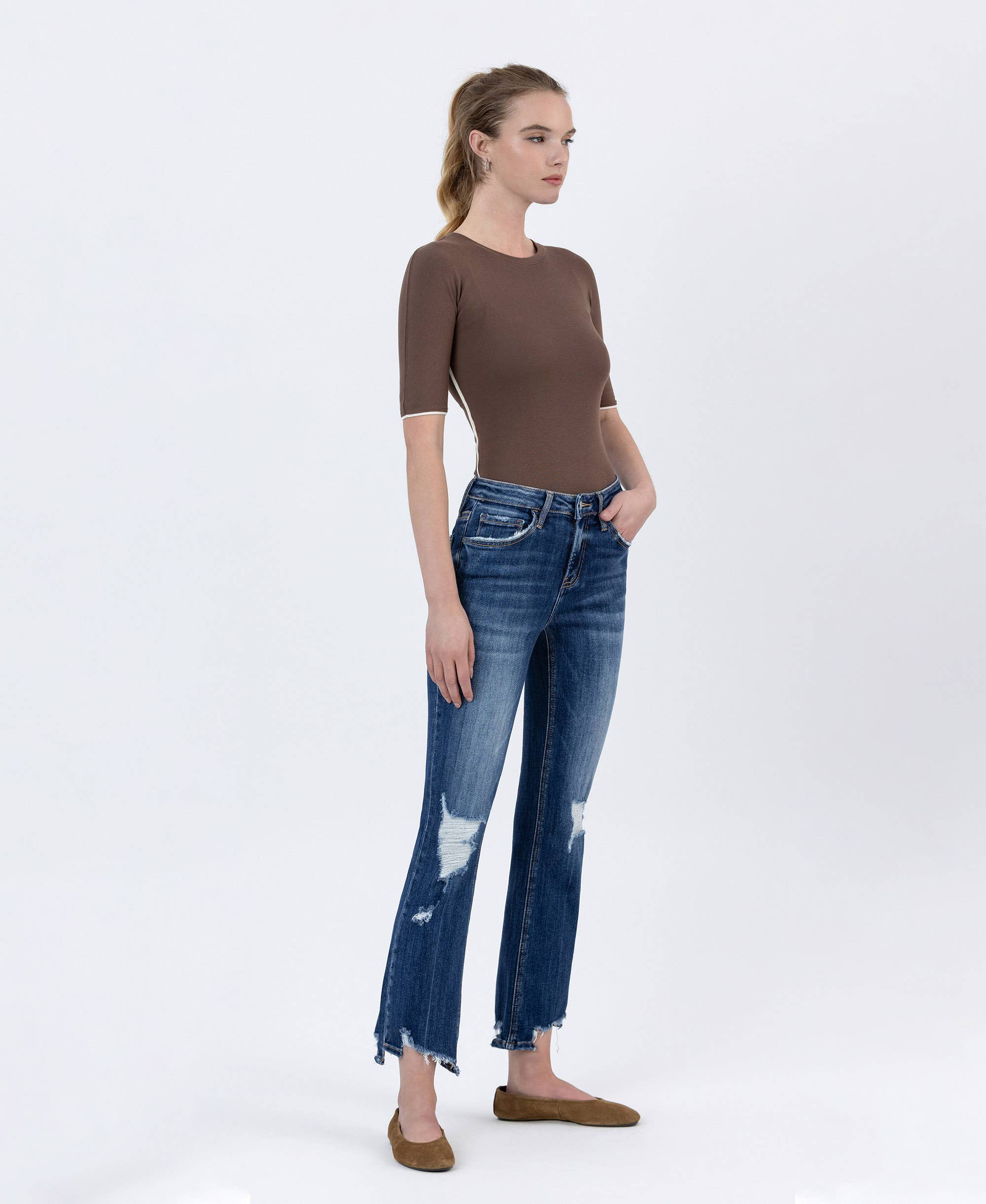 SPELLBOUND MID RISE SLANT STEP HEM CROP KICK FLARE JEANS LV1163 for wholesale on Faire3