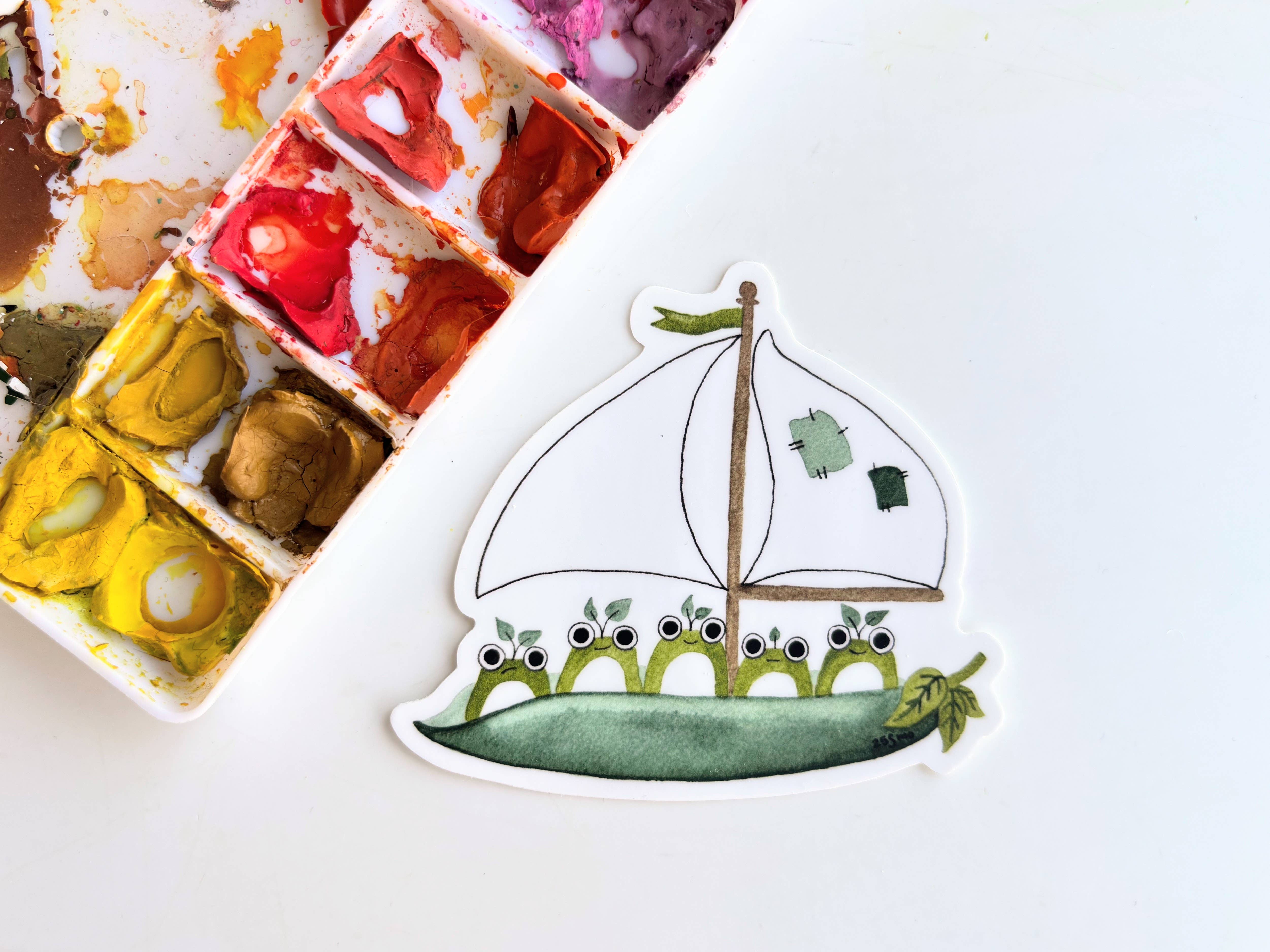 Owlfeathers Watercolor - Wholesale Sticker - Frogs on a Pea Pod Boat Sticker
