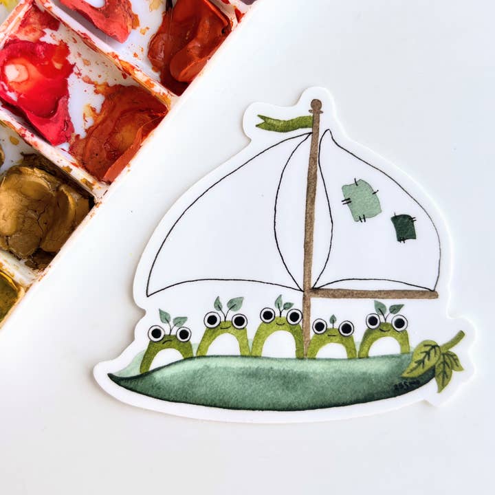 Autocollant de grenouilles sur un bateau en cosse de pois pour la vente par Owlfeathers Watercolor
