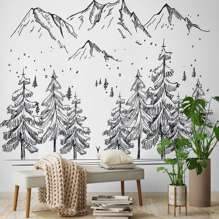 Minimal Forest and Mountain Line Wallpaper, Neutral Mural for wholesale by SimurgWallArts