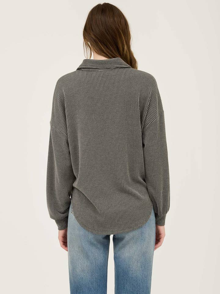 Blu Pepper - Wholesale Knit Top - Women's - PINSTRIPE COLLARED HALF BUTTON KNIT TOP1