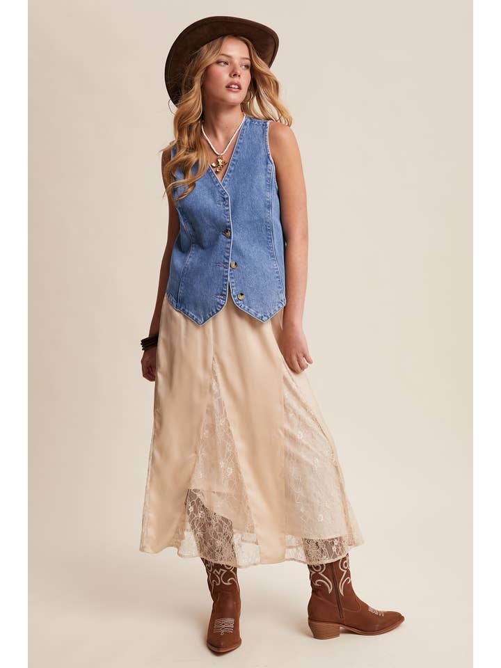 Listicle - Wholesale Skirt - Women's - Lace Inset Satin Midi Skirt LSK02728