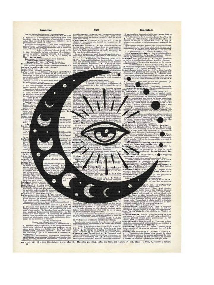 Moon eye, Magic, celestial, stampa di un dizionario vintage per la vendita all'ingrosso da parte di Crazilyhumbledesigns