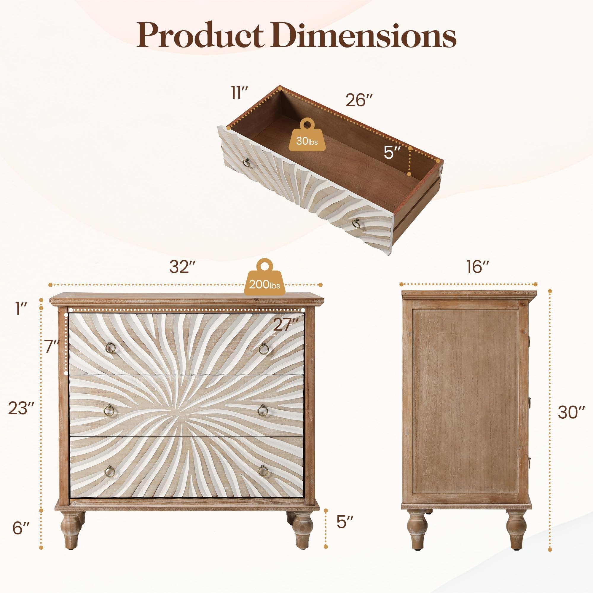 Heynemo - Vente Armoire - Commode vintage à 3 tiroirs, tiroirs sculptés à motifs, naturel7