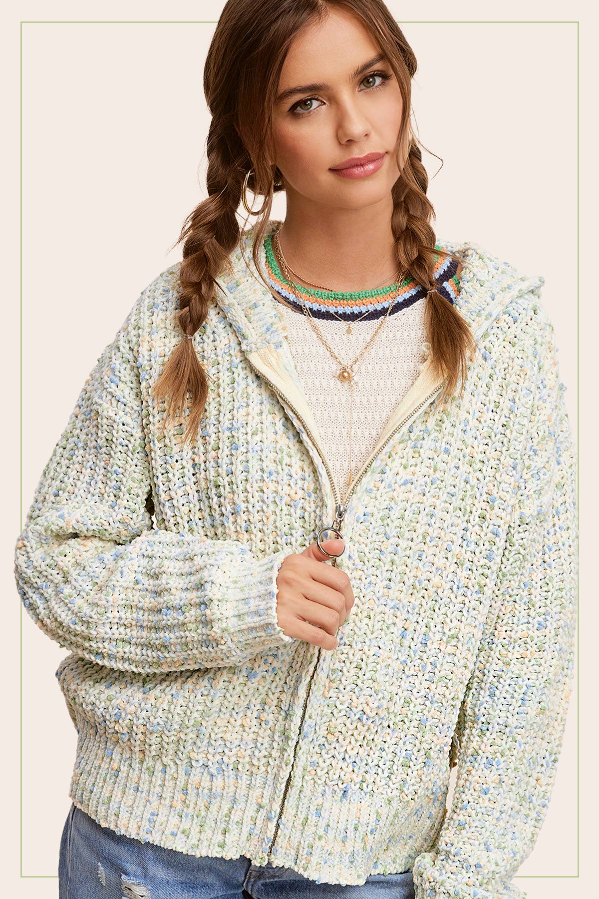 La Miel - Wholesale Hoodie - Women's - JCS3569-Multi Color Confetti Zip-Up Hoodie Sweater15