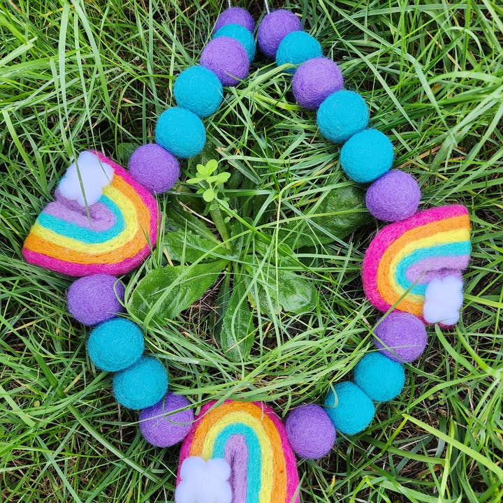 Rainbow Needle Felted Garland, 4-5ft size for wholesale by Coastal Felting