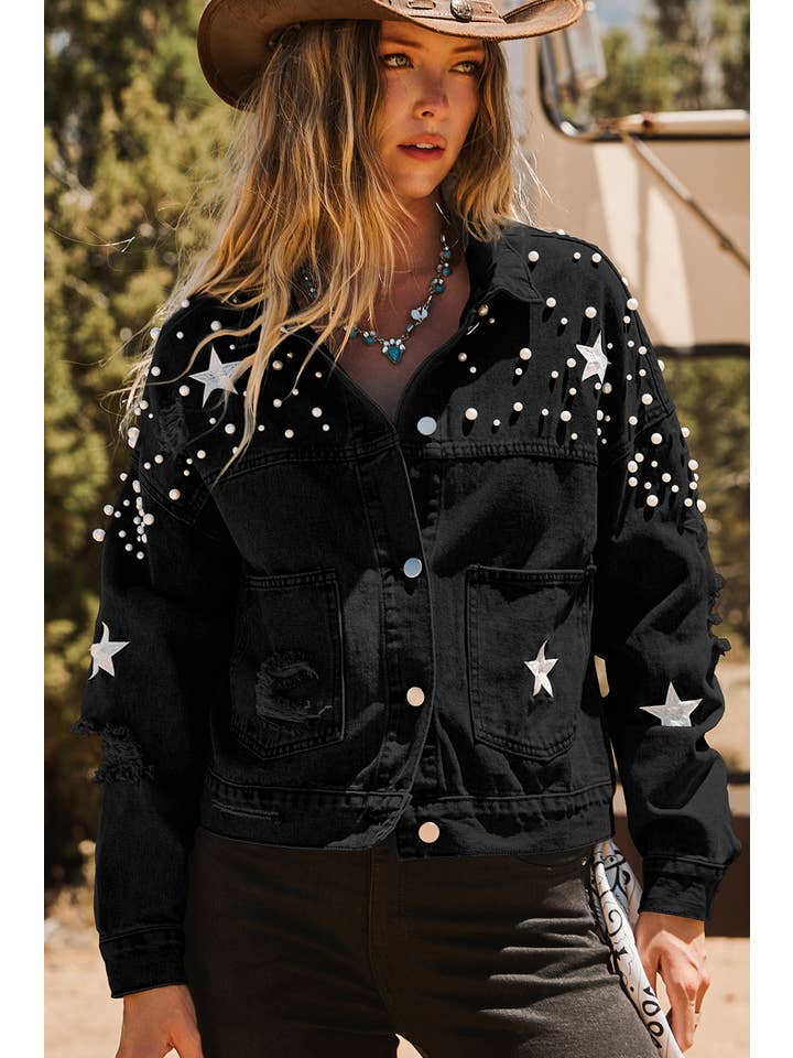 fashionworks - Wholesale Denim Jacket - Women's - Fashion-W Western Distressed Pearls Star Crop Denim Jacket
