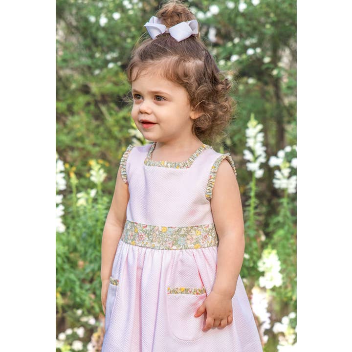 Girl's "Spring Again" Floral Pink Pique Dress for wholesale by Marco and Lizzy