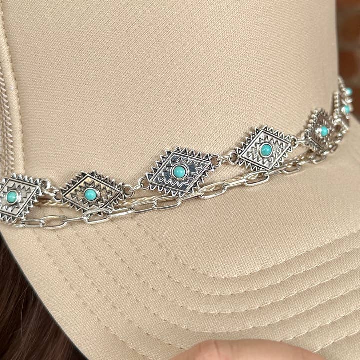 Very Cherry - Wholesale Hat Accessory - Women's - Western Silver & Turquoise Trucker Hat Chain