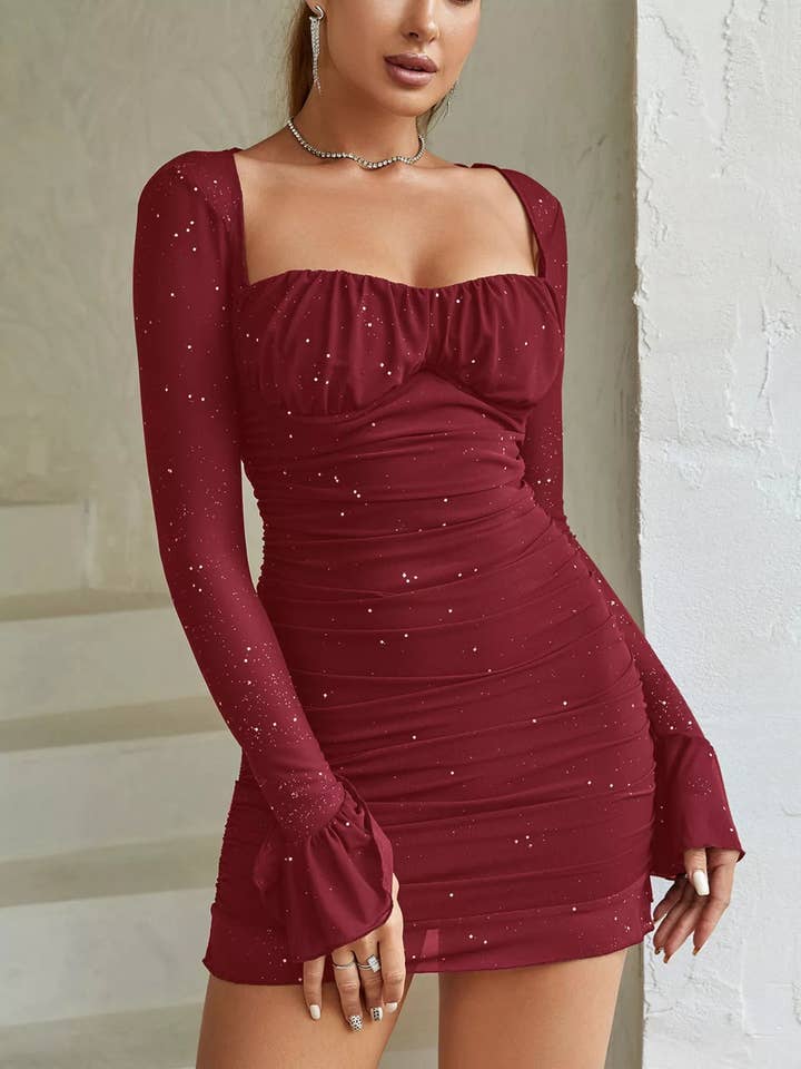 Ruched Glitter Bodycon Mini Dress for wholesale by React Activewear