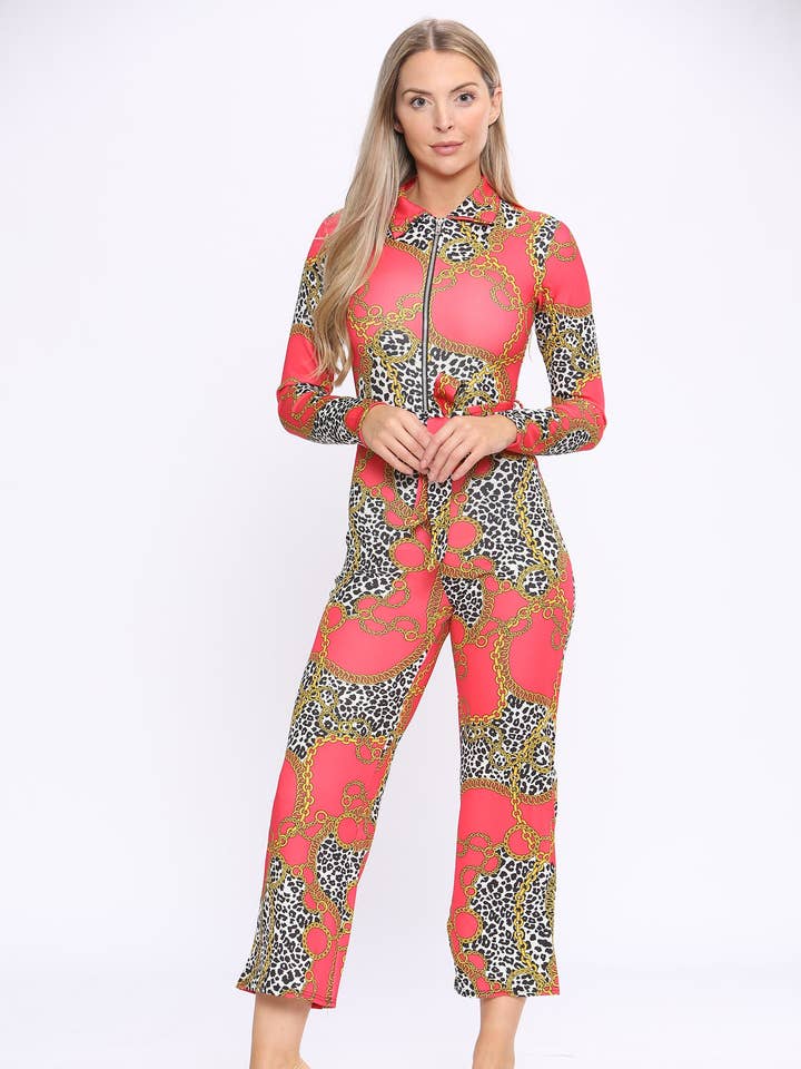 Wide Leg Fit Statement Chain Print Long Sleeve Jumpsuit for wholesale by AVINCI