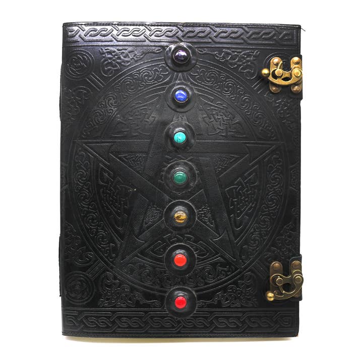 7 Chakras/Black Pentacle Blank Leather Journal (10 x 13 in.) for wholesale by Designs by Deekay Inc.