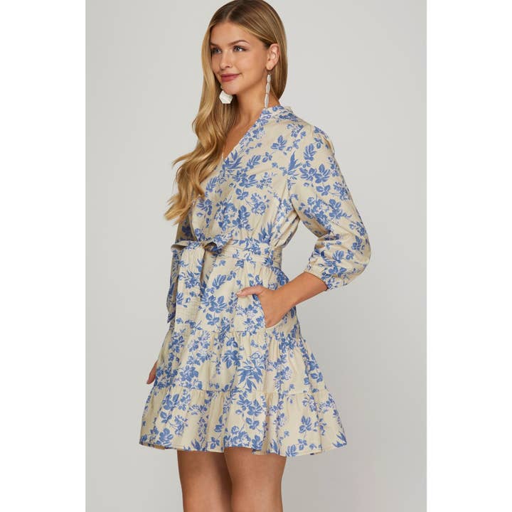 LT BLUE WOVEN FLORAL PRINT V NECK DRESS for wholesale on Faire