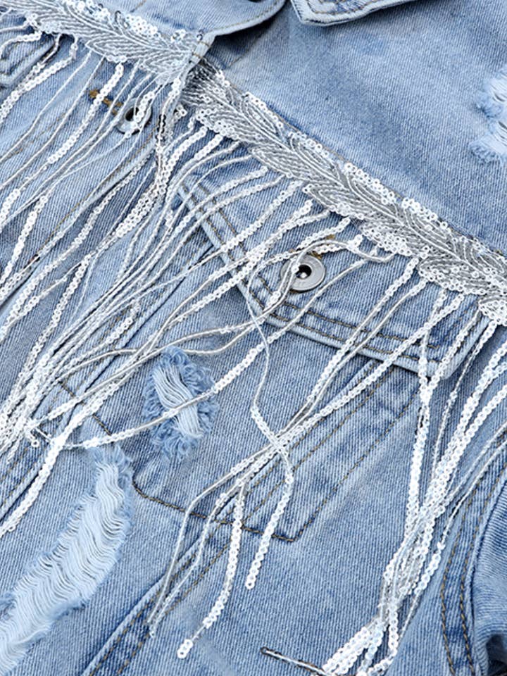Sky Blue Sequin Embellished Fringe Distressed Denim Jacket for wholesale on Faire14