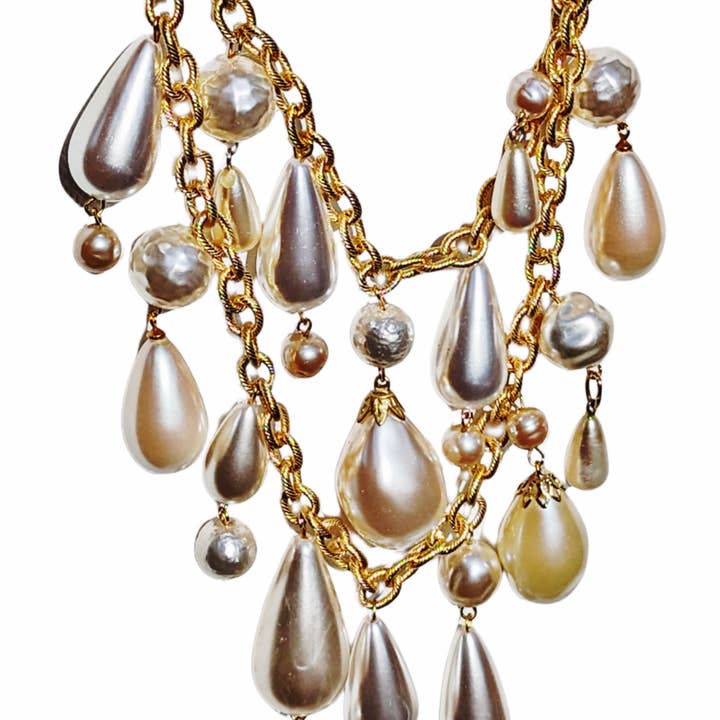 Gay Isber Designs – wholesale Beaded/pearl necklace – Vintage Japanese Pearls and Drops 2 Strands Gold Textured Chain 20 inches adjustable US Made Handmade Sugar Gay Isber1