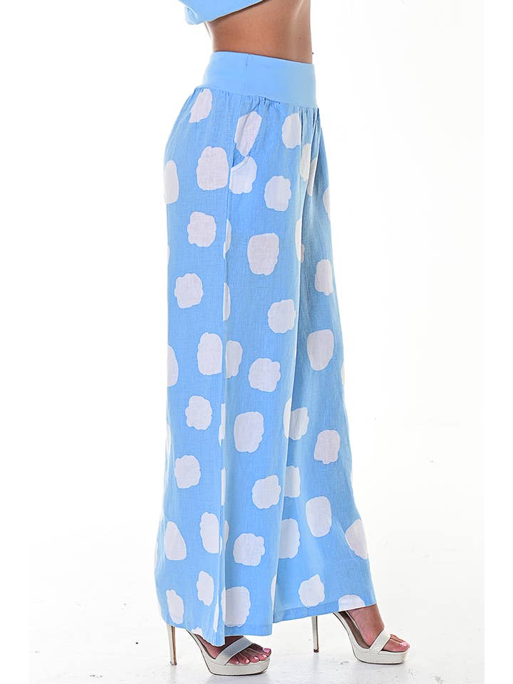 Azucar & Bohio - Venta al por mayor Pantalones - Mujer - Pantalones anchos de lino para mujer con estampado de lunares y nubes de AZUCAR5