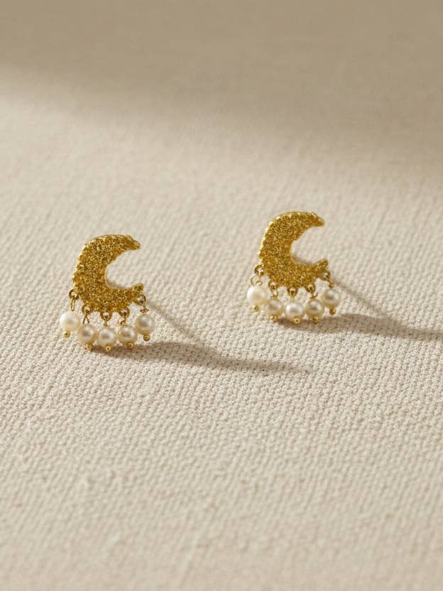 Crescent Moon Pearl Earrings for wholesale by Lalinde Design