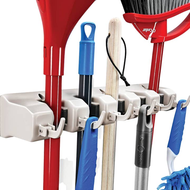 Wall Mount Mop & Broom Holder, 5 position with 6 hooks White for wholesale by Sagler