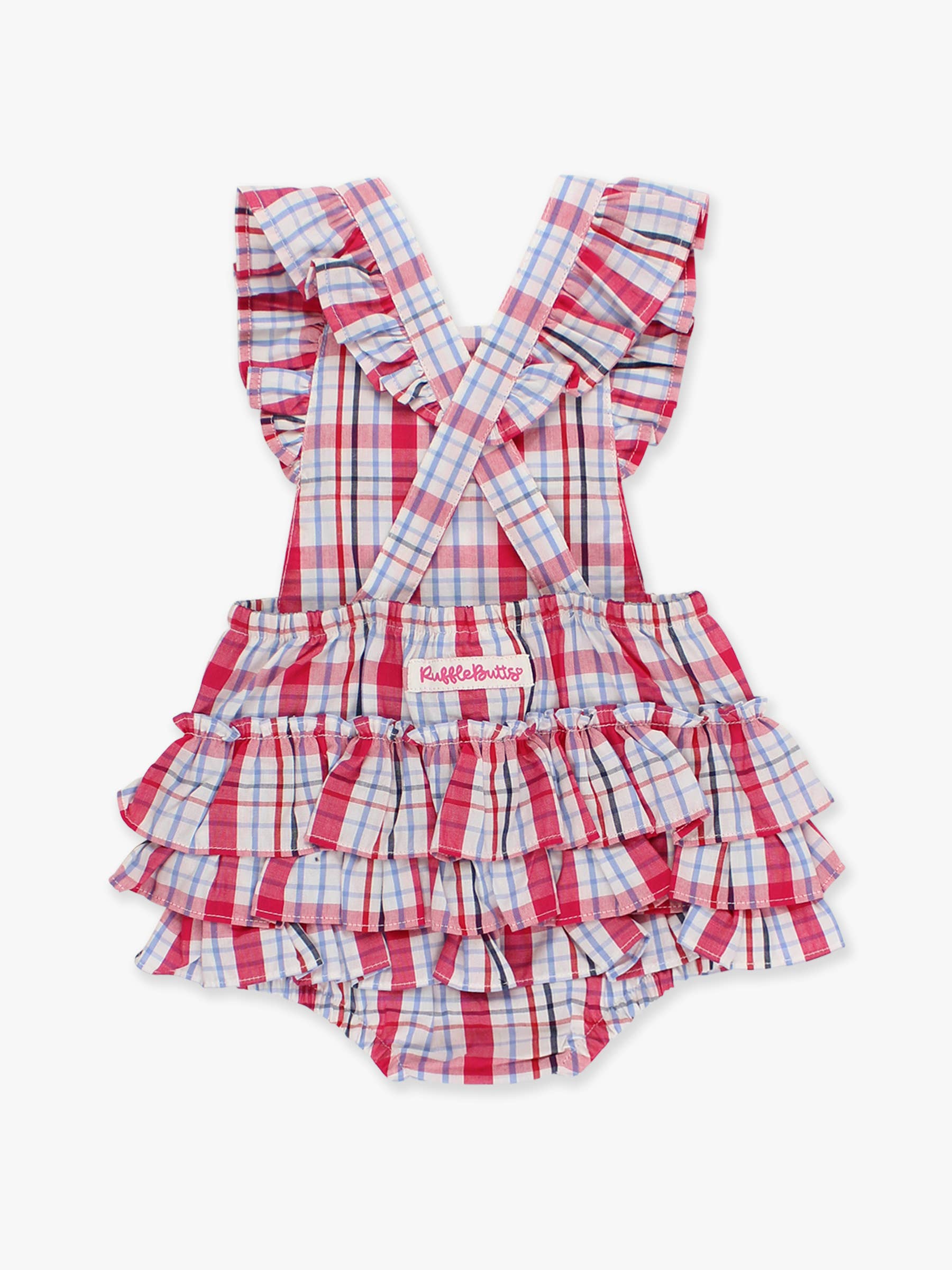 Multi Color Baby Girls Adley Plaid Flutter Overall Romper for wholesale on Faire8