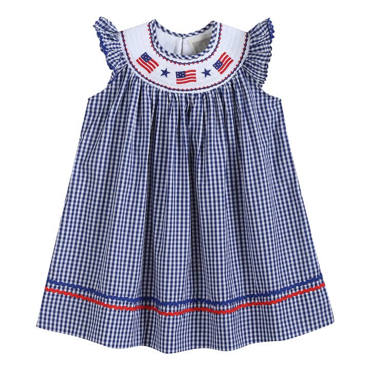 Royal Blue Gingham American Flag Smocked Bishop Dress for wholesale by Lil Cactus