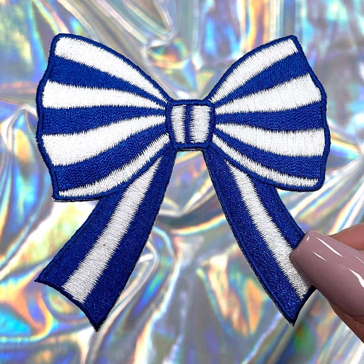 Royal Blue Striped Coquette Bow Patch Embroidered Iron-On for wholesale by The Crafty Engineer