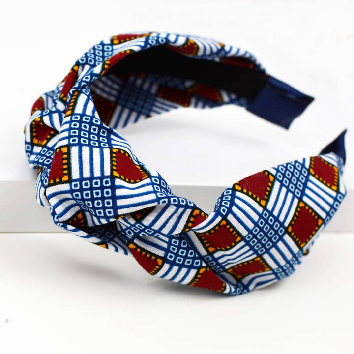 Serre-Tête Noué - carreaux bleu et rouge for wholesale by Coo-Mon