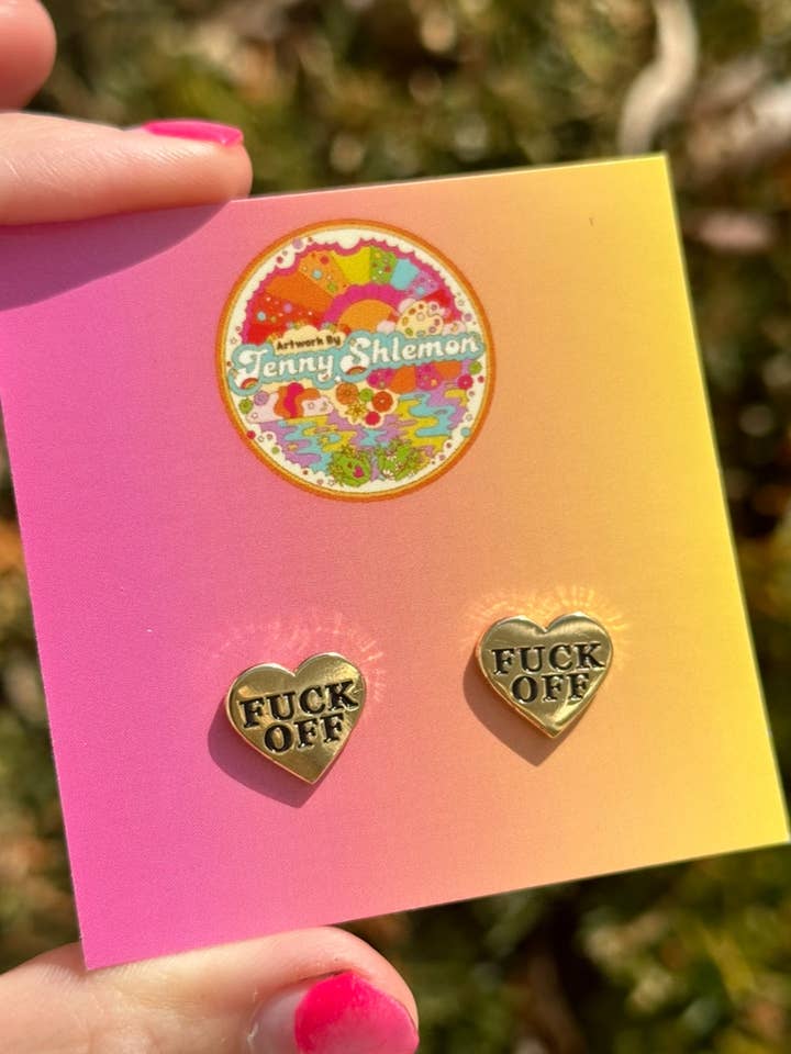 Golden Enamel Fuck Off Heart Stud Earrings for wholesale by ShlemonArt