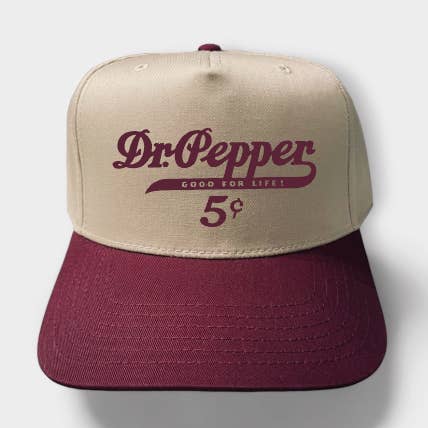 Dr. Pepper Club Classic Trucker Hat | Khaki/Maroon for wholesale by Happi Style