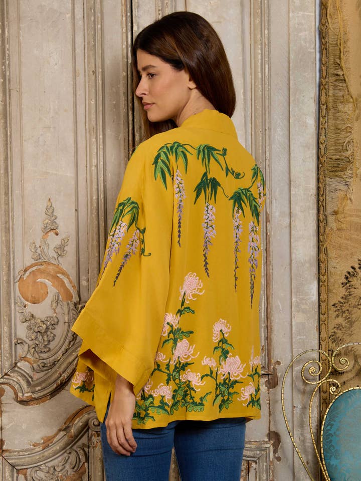 Wisteria & Chrysanthemum Embroidered Mustard Fully Lined Short Kimono for wholesale by Artemis Muse