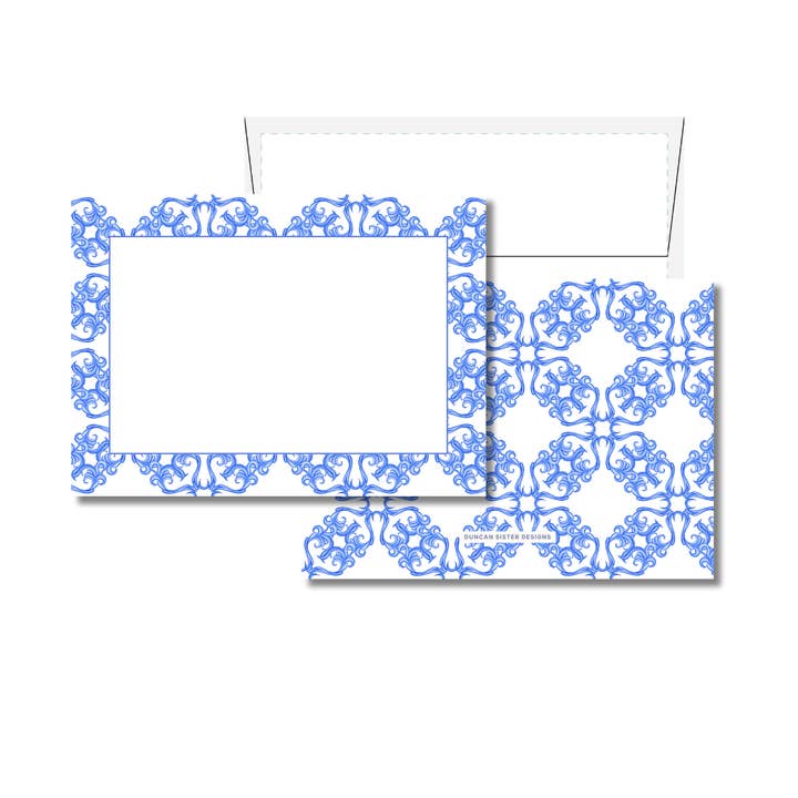 Blå græsk fliseinspirerede notekort – Sæt med 8, fremstillet i USA for engroshandel hos Duncan Sister Designs