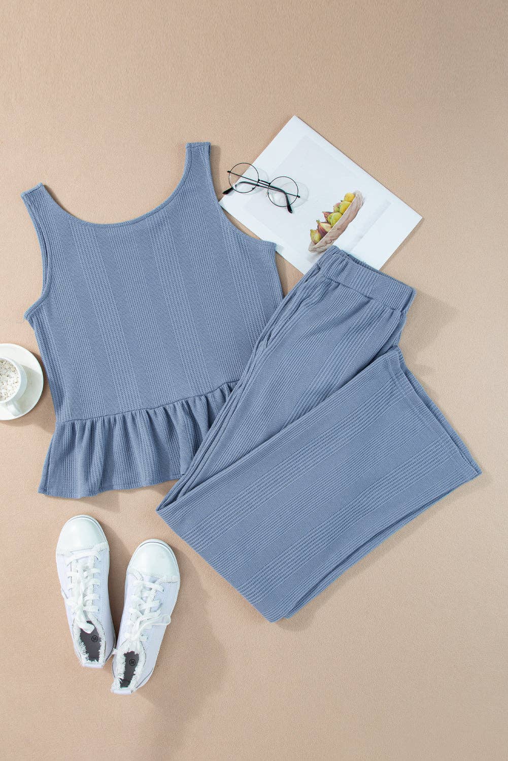 Beau Blue Solid Color Ribbed Ruffle Tank Top and Pants Set for wholesale on Faire7