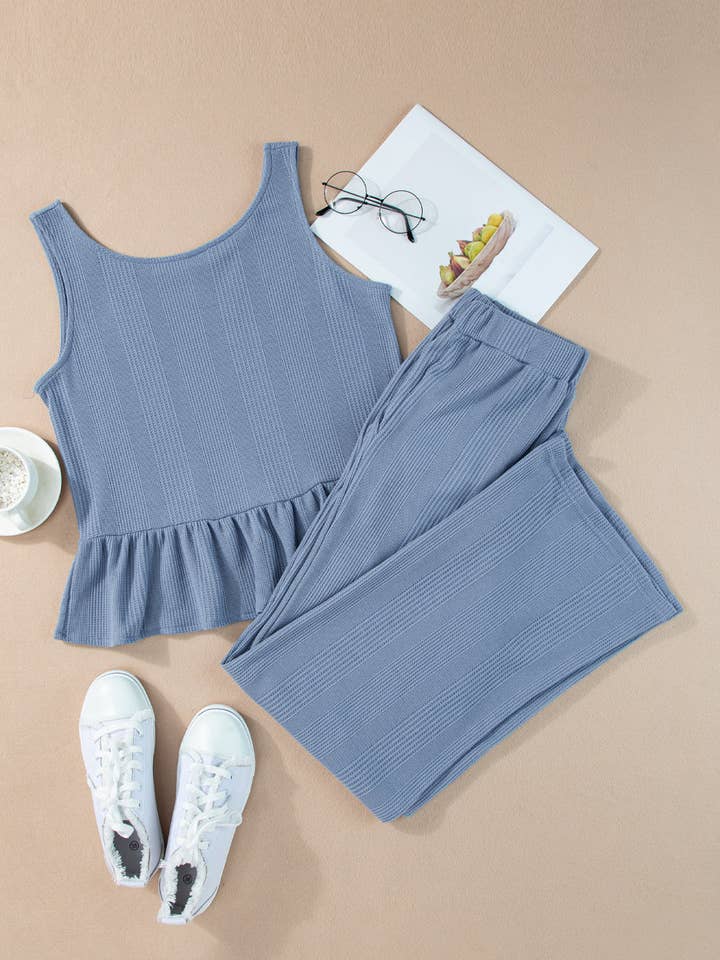 Beau Blue Solid Color Ribbed Ruffle Tank Top and Pants Set for wholesale on Faire7